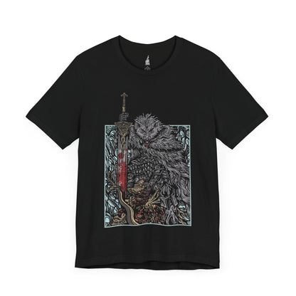 Image number 3 of a Black T-shirt featuring Blaidd the Half-Wolf from Elden Ring defeating Bloodhound Knight Darriwil in a grim design, showcasing the fierce loyalty and strength of this iconic warrior, perfect for fans of the epic battles and lore of the Lands Between.