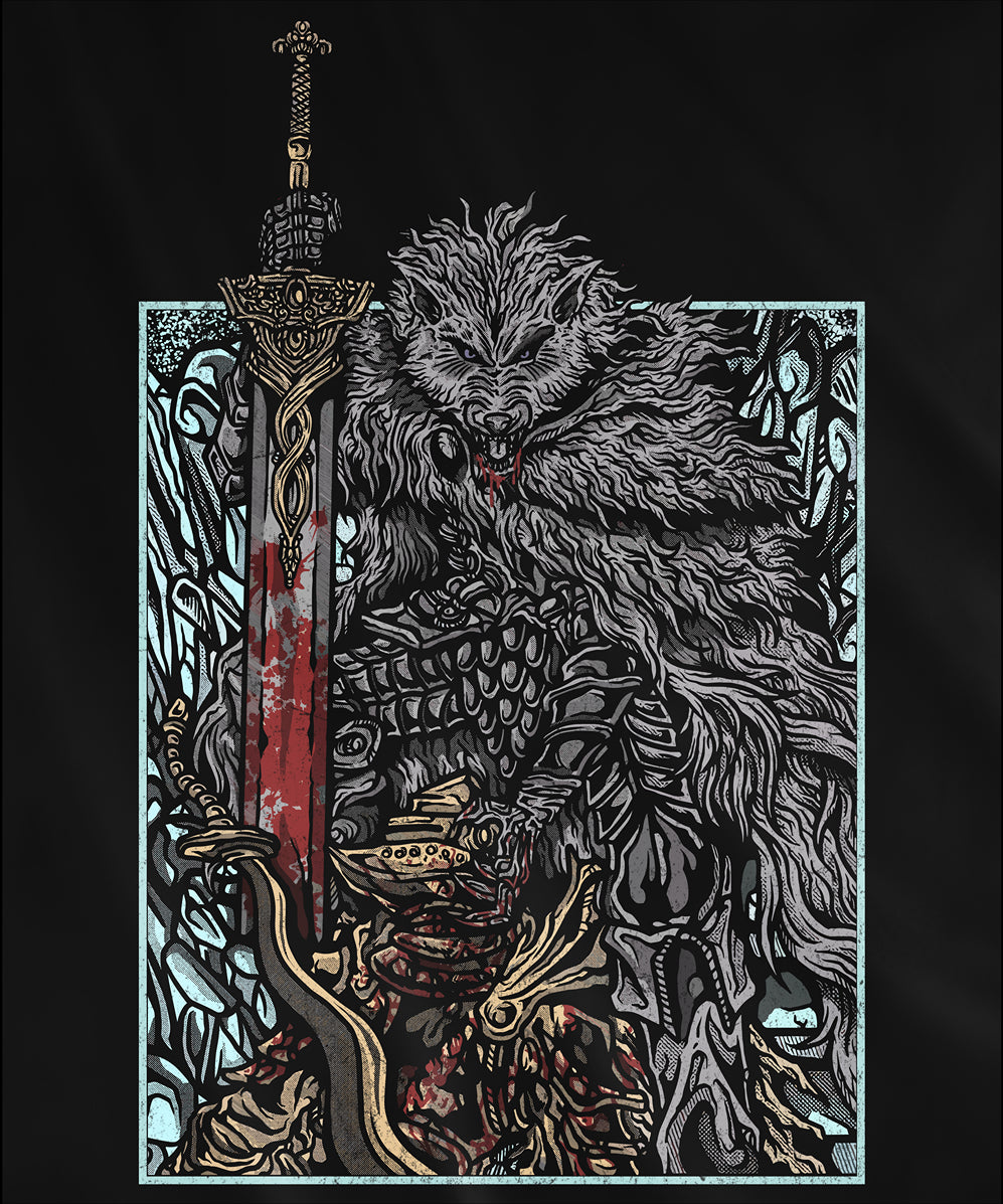 Design used for a T-shirt featuring Blaidd the Half-Wolf from Elden Ring defeating Bloodhound Knight Darriwil in a grim design, showcasing the fierce loyalty and strength of this iconic warrior, perfect for fans of the epic battles and lore of the Lands Between.