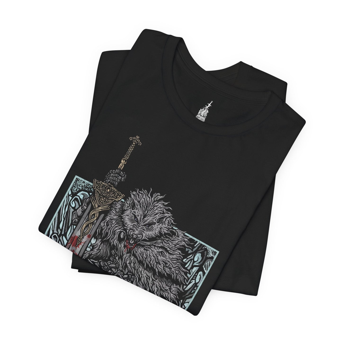 Folded T-shirt featuring Blaidd the Half-Wolf from Elden Ring defeating Bloodhound Knight Darriwil in a grim design, showcasing the fierce loyalty and strength of this iconic warrior, perfect for fans of the epic battles and lore of the Lands Between.