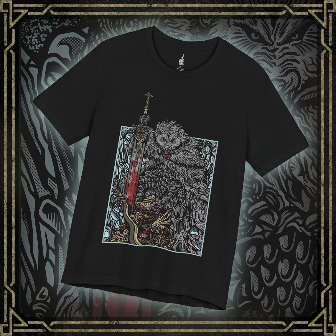 Thumbnail of a T-shirt featuring Blaidd the Half-Wolf from Elden Ring defeating Bloodhound Knight Darriwil in a grim design, showcasing the fierce loyalty and strength of this iconic warrior, perfect for fans of the epic battles and lore of the Lands Between.