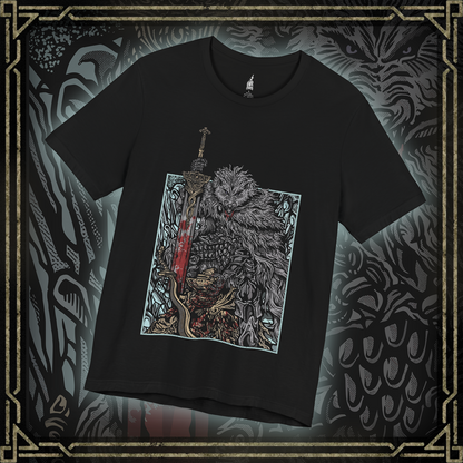 Thumbnail of a T-shirt featuring Blaidd the Half-Wolf from Elden Ring defeating Bloodhound Knight Darriwil in a grim design, showcasing the fierce loyalty and strength of this iconic warrior, perfect for fans of the epic battles and lore of the Lands Between.