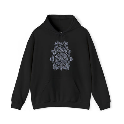 Image 4 of a Hooded Sweatshirt featuring Blaidd the Half-Wolf standing alone amid falling snow and crumbling stone, his greatsword resting at his side. His wolf-like form symbolizes strength and devotion, while the tension beneath hints at the curse that binds him to madness. This design reflects the sorrowful fate of a noble warrior torn apart by loyalty, destiny, and loss in the Lands Between.