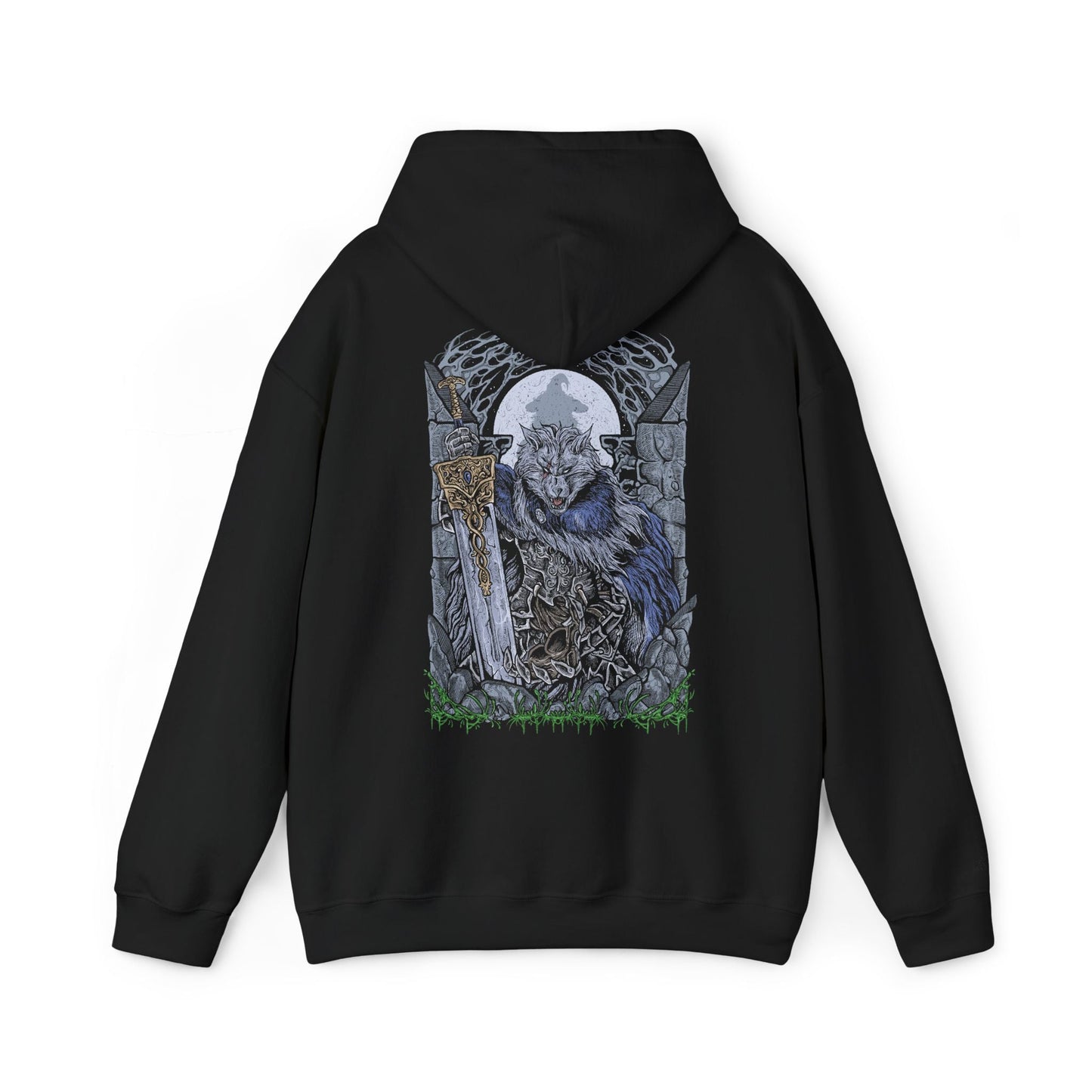 Image 5 of a Hooded Sweatshirt featuring Blaidd the Half-Wolf standing alone amid falling snow and crumbling stone, his greatsword resting at his side. His wolf-like form symbolizes strength and devotion, while the tension beneath hints at the curse that binds him to madness. This design reflects the sorrowful fate of a noble warrior torn apart by loyalty, destiny, and loss in the Lands Between.