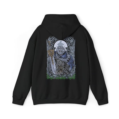 Image 5 of a Hooded Sweatshirt featuring Blaidd the Half-Wolf standing alone amid falling snow and crumbling stone, his greatsword resting at his side. His wolf-like form symbolizes strength and devotion, while the tension beneath hints at the curse that binds him to madness. This design reflects the sorrowful fate of a noble warrior torn apart by loyalty, destiny, and loss in the Lands Between.