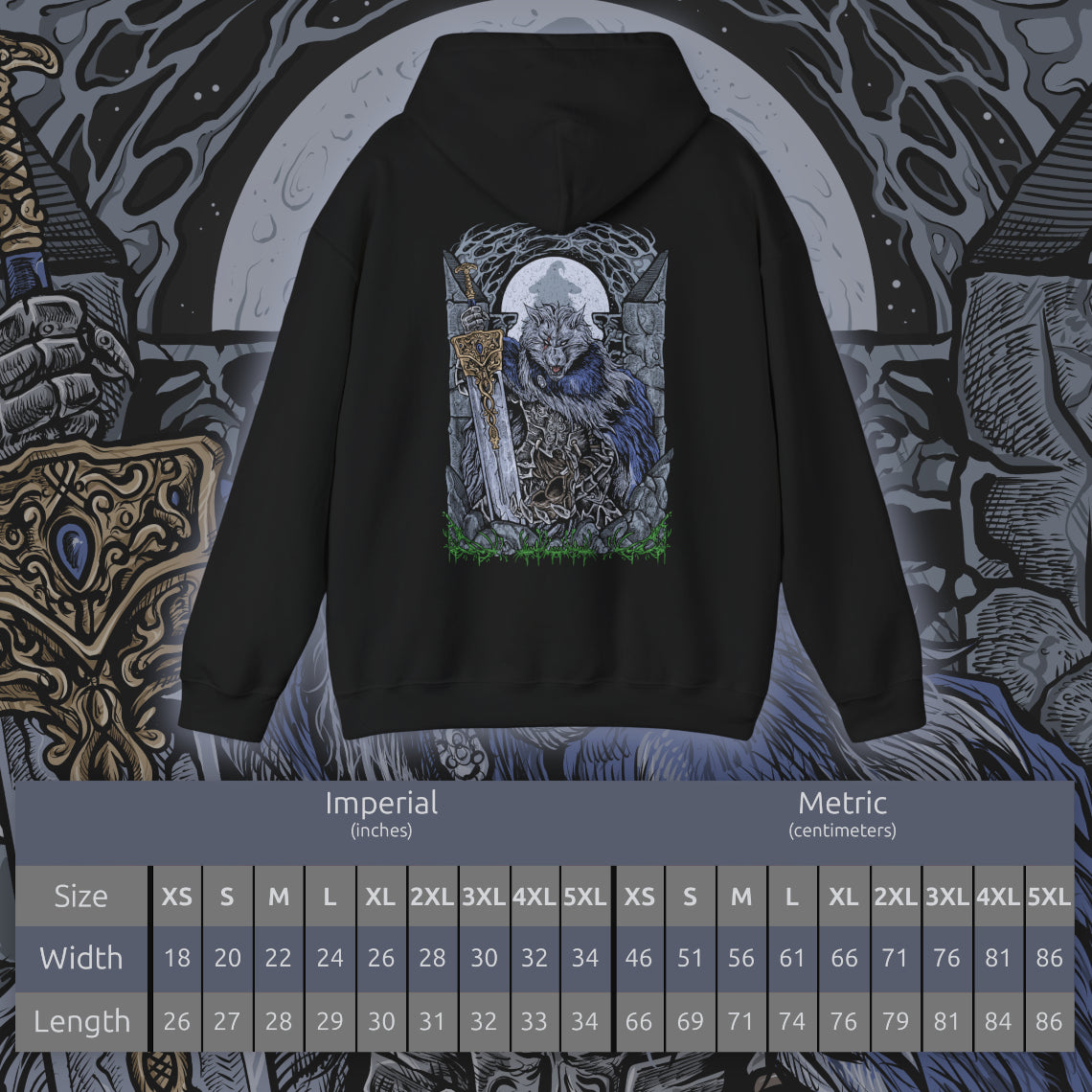 Size chart of a Hooded Sweatshirt featuring Blaidd the Half-Wolf standing alone amid falling snow and crumbling stone, his greatsword resting at his side. His wolf-like form symbolizes strength and devotion, while the tension beneath hints at the curse that binds him to madness. This design reflects the sorrowful fate of a noble warrior torn apart by loyalty, destiny, and loss in the Lands Between.