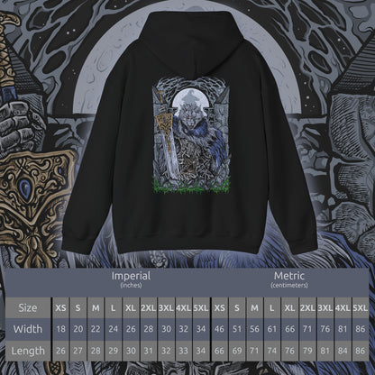 Size chart of a Hooded Sweatshirt featuring Blaidd the Half-Wolf standing alone amid falling snow and crumbling stone, his greatsword resting at his side. His wolf-like form symbolizes strength and devotion, while the tension beneath hints at the curse that binds him to madness. This design reflects the sorrowful fate of a noble warrior torn apart by loyalty, destiny, and loss in the Lands Between.