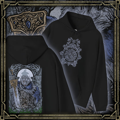Thumbnail of a Hooded Sweatshirt featuring Blaidd the Half-Wolf standing alone amid falling snow and crumbling stone, his greatsword resting at his side. His wolf-like form symbolizes strength and devotion, while the tension beneath hints at the curse that binds him to madness. This design reflects the sorrowful fate of a noble warrior torn apart by loyalty, destiny, and loss in the Lands Between.