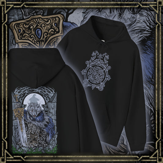 Thumbnail of a Hooded Sweatshirt featuring Blaidd the Half-Wolf standing alone amid falling snow and crumbling stone, his greatsword resting at his side. His wolf-like form symbolizes strength and devotion, while the tension beneath hints at the curse that binds him to madness. This design reflects the sorrowful fate of a noble warrior torn apart by loyalty, destiny, and loss in the Lands Between.