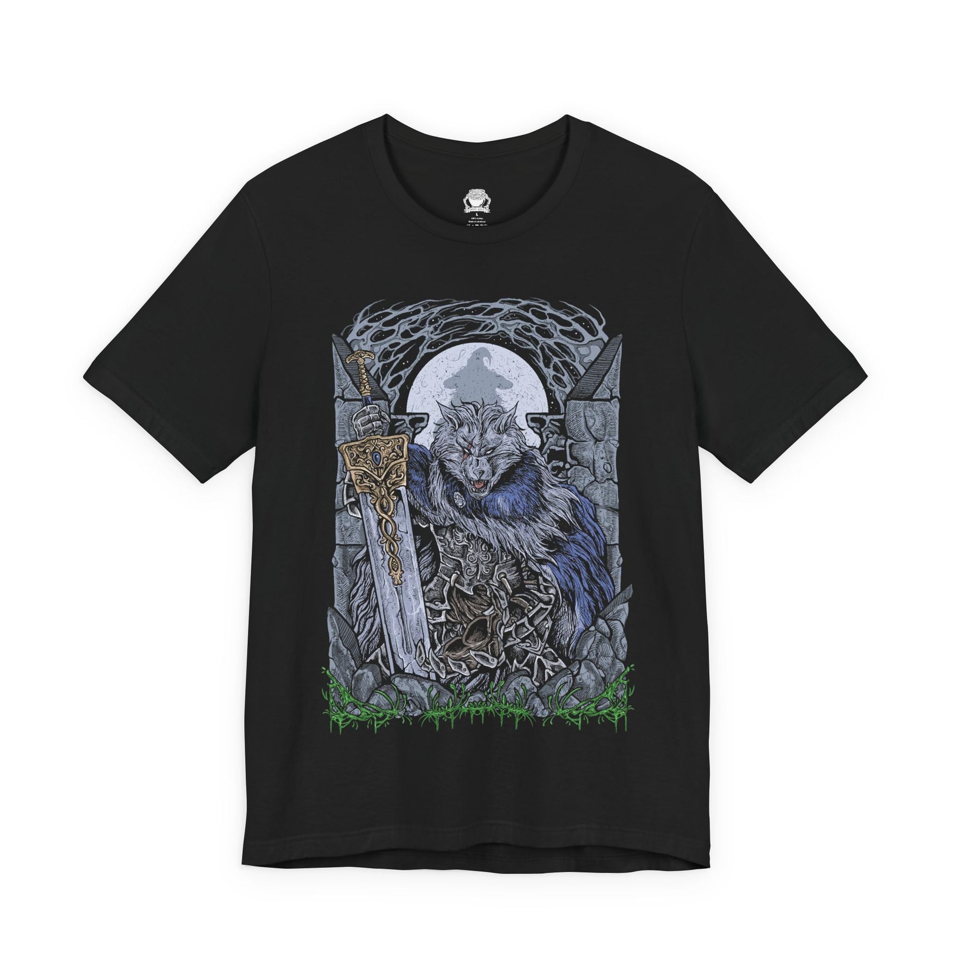 Image 4 of a T-shirt design of Blaidd the Half-Wolf from Elden Ring, the towering wolf knight sworn to Ranni the Witch. Clad in heavy armor and wielding a massive greatsword, Blaidd stands beneath a moonlit sky as his dual nature struggles between loyalty and fate. The design captures his tragic devotion, bestial strength, and inevitable descent driven by the will of the Two Fingers.
