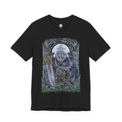 Image 4 of a T-shirt design of Blaidd the Half-Wolf from Elden Ring, the towering wolf knight sworn to Ranni the Witch. Clad in heavy armor and wielding a massive greatsword, Blaidd stands beneath a moonlit sky as his dual nature struggles between loyalty and fate. The design captures his tragic devotion, bestial strength, and inevitable descent driven by the will of the Two Fingers.