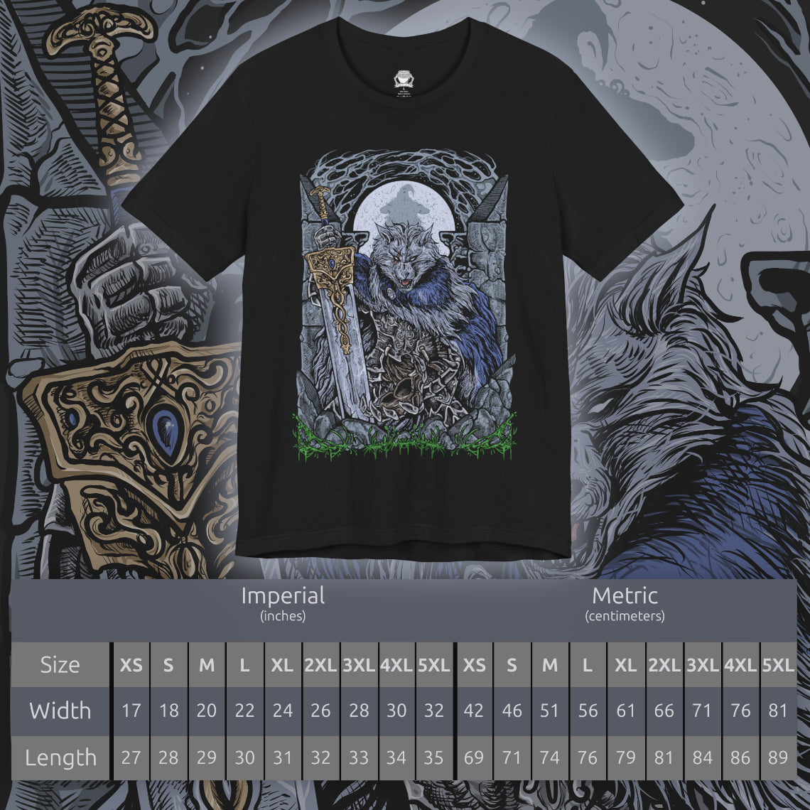 Size chart of a T-shirt design of Blaidd the Half-Wolf from Elden Ring, the towering wolf knight sworn to Ranni the Witch. Clad in heavy armor and wielding a massive greatsword, Blaidd stands beneath a moonlit sky as his dual nature struggles between loyalty and fate. The design captures his tragic devotion, bestial strength, and inevitable descent driven by the will of the Two Fingers.
