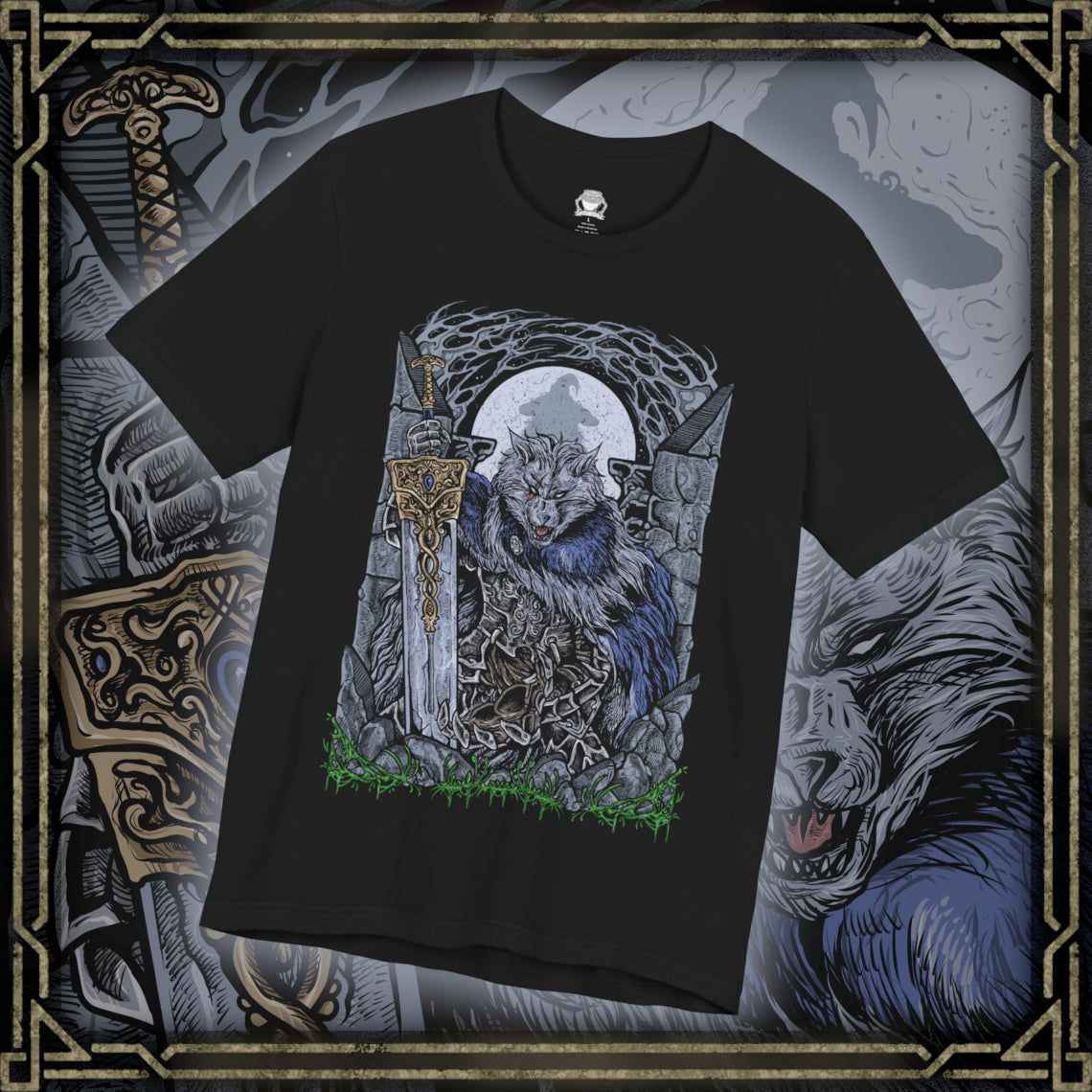 Thumbnail of a T-shirt design of Blaidd the Half-Wolf from Elden Ring, the towering wolf knight sworn to Ranni the Witch. Clad in heavy armor and wielding a massive greatsword, Blaidd stands beneath a moonlit sky as his dual nature struggles between loyalty and fate. The design captures his tragic devotion, bestial strength, and inevitable descent driven by the will of the Two Fingers.