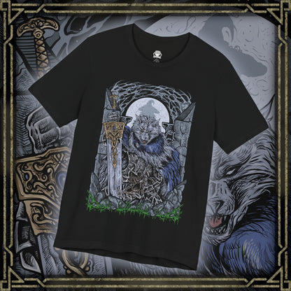 Thumbnail of a T-shirt design of Blaidd the Half-Wolf from Elden Ring, the towering wolf knight sworn to Ranni the Witch. Clad in heavy armor and wielding a massive greatsword, Blaidd stands beneath a moonlit sky as his dual nature struggles between loyalty and fate. The design captures his tragic devotion, bestial strength, and inevitable descent driven by the will of the Two Fingers.