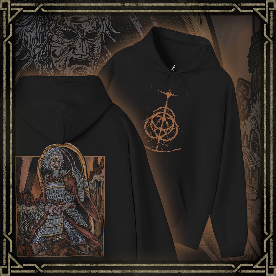 Thumbnail of a Hooded Sweatshirt featuring Bloody Finger Okina from Elden Ring, wielding his deadly Rivers of Blood katana in the Mountaintop of the Giants, perfect for fans captivated by this fierce invader and the chilling landscapes of the Lands Between.