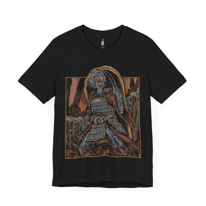 Image number 3 of a Black T-shirt featuring Bloody Finger Okina from Elden Ring, wielding his deadly Rivers of Blood katana in the Mountaintop of the Giants, perfect for fans captivated by this fierce invader and the chilling landscapes of the Lands Between.