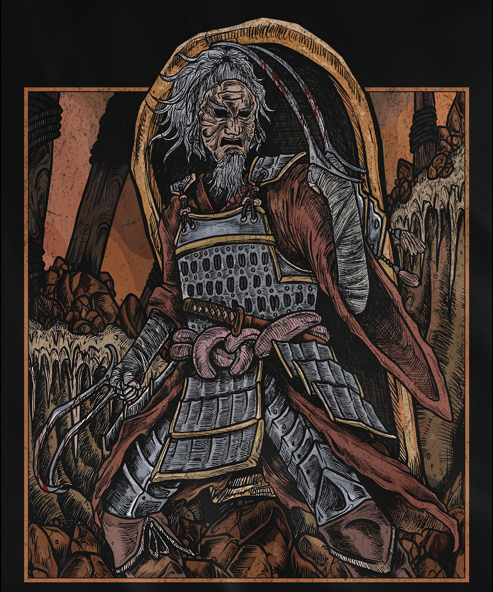 Design used for a T-shirt featuring Bloody Finger Okina from Elden Ring, wielding his deadly Rivers of Blood katana in the Mountaintop of the Giants, perfect for fans captivated by this fierce invader and the chilling landscapes of the Lands Between.