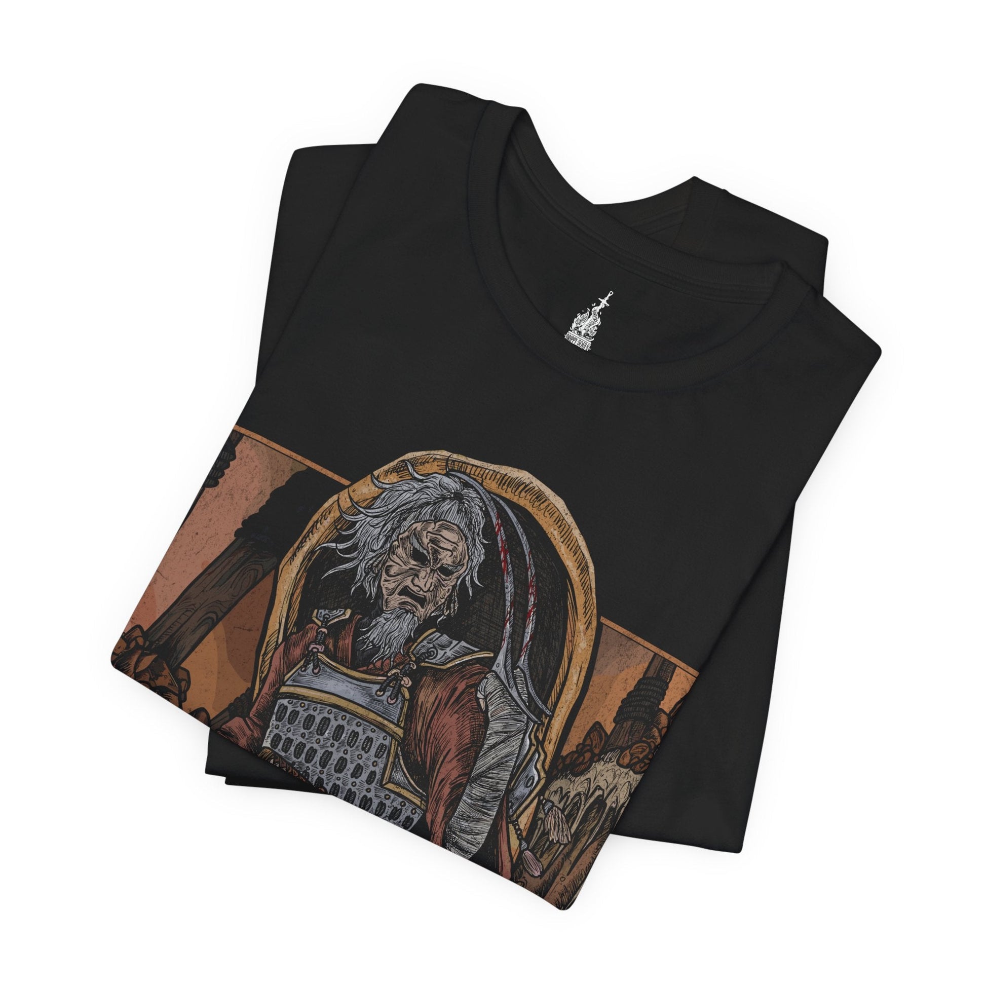 Folded T-shirt featuring Bloody Finger Okina from Elden Ring, wielding his deadly Rivers of Blood katana in the Mountaintop of the Giants, perfect for fans captivated by this fierce invader and the chilling landscapes of the Lands Between.