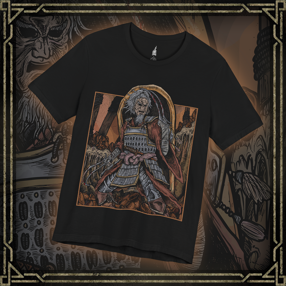 Thumbnail of a T-shirt featuring Bloody Finger Okina from Elden Ring, wielding his deadly Rivers of Blood katana in the Mountaintop of the Giants, perfect for fans captivated by this fierce invader and the chilling landscapes of the Lands Between.