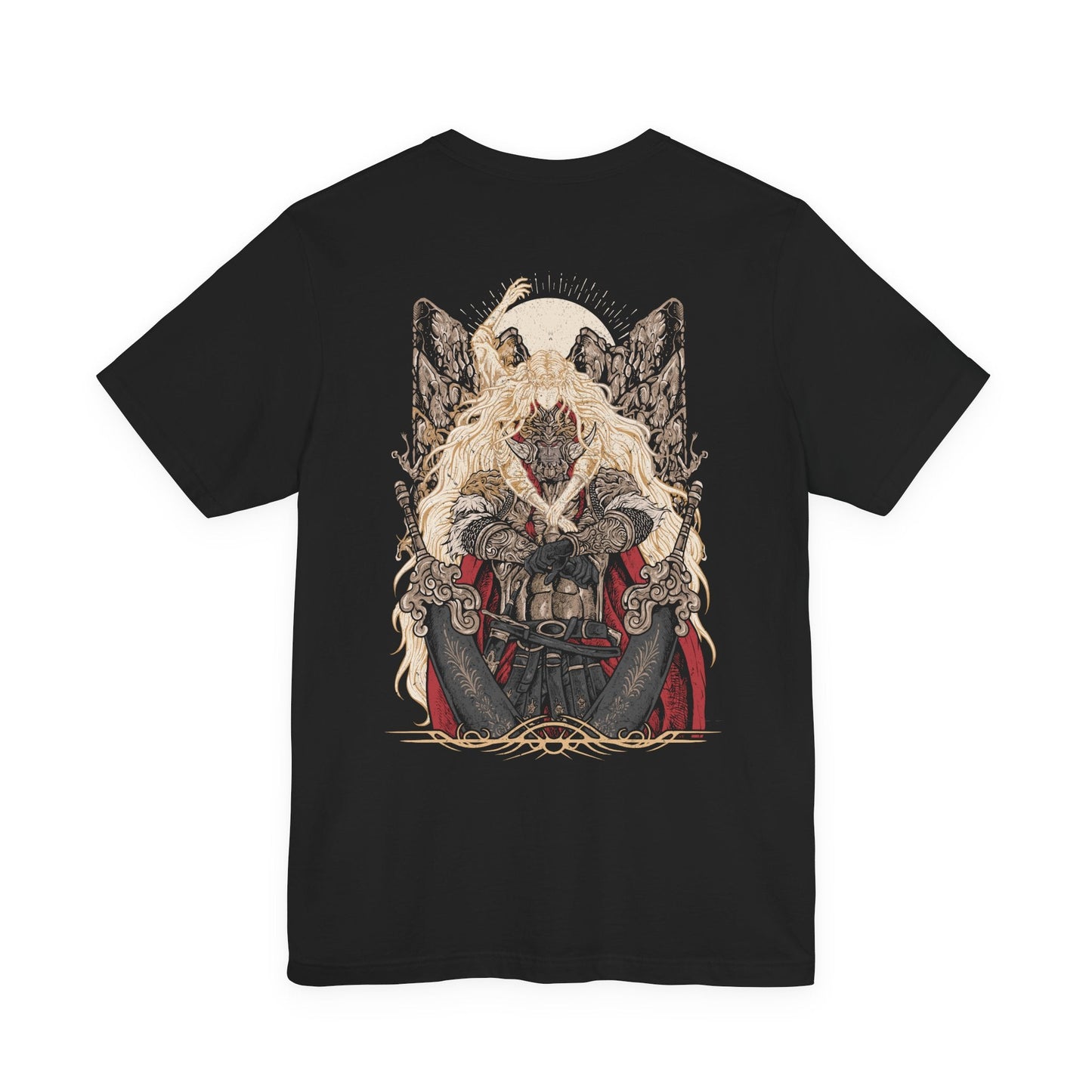 Image 5 of a T-shirt artwork portraying Radahn as Miquella’s consort, his once-glorious strength reduced to a vessel of warped loyalty. Golden threads and withered haligtree roots surround them, reflecting Miquella’s influence and ambition. The design captures the tragic corruption of heroism, the subversion of fate, and the cost of reshaping the world through devotion and control.