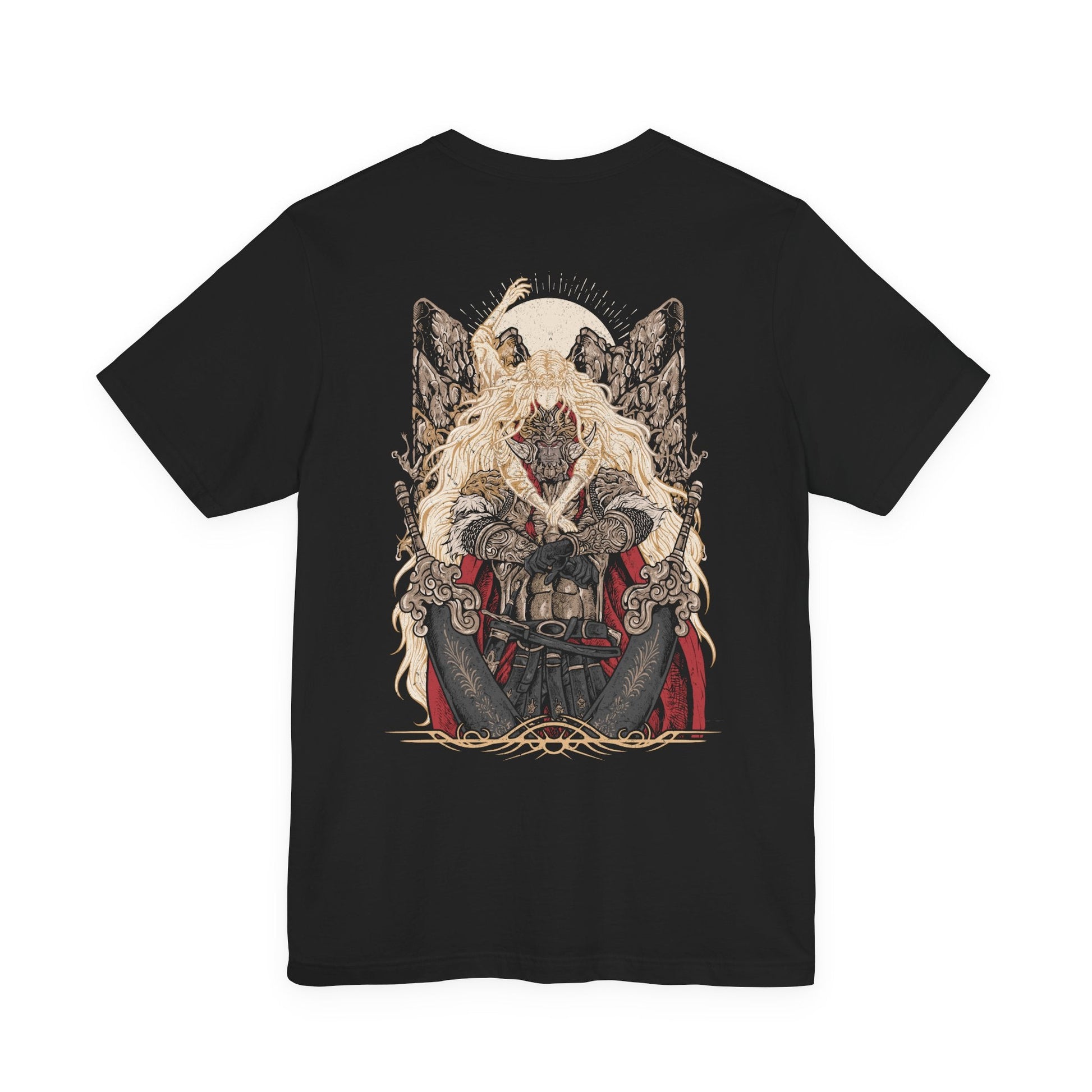 Image 5 of a T-shirt artwork portraying Radahn as Miquella’s consort, his once-glorious strength reduced to a vessel of warped loyalty. Golden threads and withered haligtree roots surround them, reflecting Miquella’s influence and ambition. The design captures the tragic corruption of heroism, the subversion of fate, and the cost of reshaping the world through devotion and control.