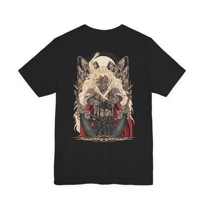Image 5 of a T-shirt artwork portraying Radahn as Miquella’s consort, his once-glorious strength reduced to a vessel of warped loyalty. Golden threads and withered haligtree roots surround them, reflecting Miquella’s influence and ambition. The design captures the tragic corruption of heroism, the subversion of fate, and the cost of reshaping the world through devotion and control.