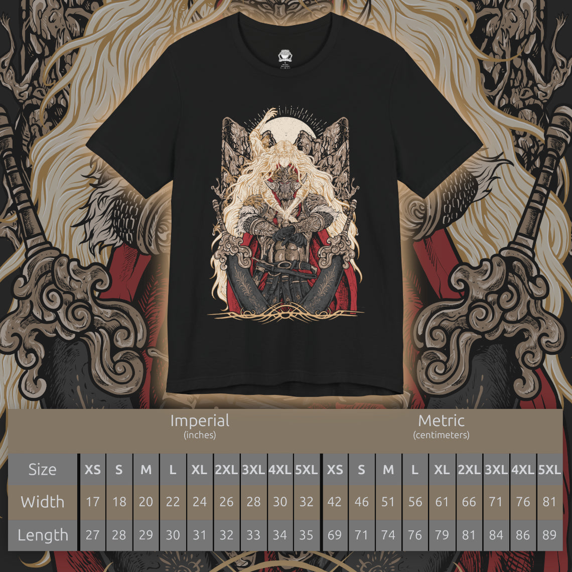 Size chart of a T-shirt artwork portraying Radahn as Miquella’s consort, his once-glorious strength reduced to a vessel of warped loyalty. Golden threads and withered haligtree roots surround them, reflecting Miquella’s influence and ambition. The design captures the tragic corruption of heroism, the subversion of fate, and the cost of reshaping the world through devotion and control.
