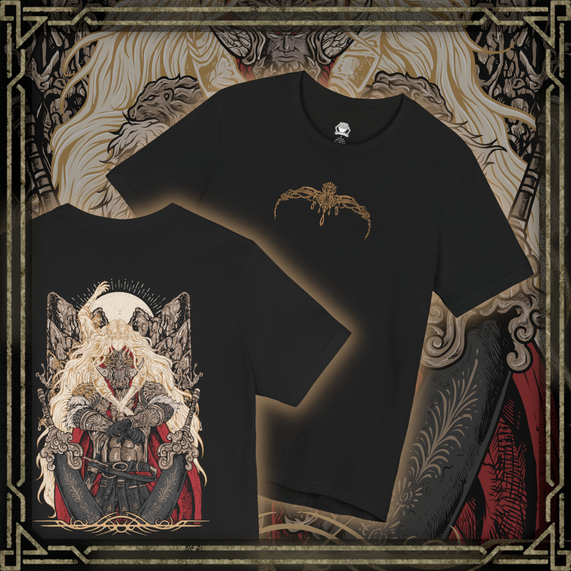 Thumbnail of a T-shirt artwork portraying Radahn as Miquella’s consort, his once-glorious strength reduced to a vessel of warped loyalty. Golden threads and withered haligtree roots surround them, reflecting Miquella’s influence and ambition. The design captures the tragic corruption of heroism, the subversion of fate, and the cost of reshaping the world through devotion and control.