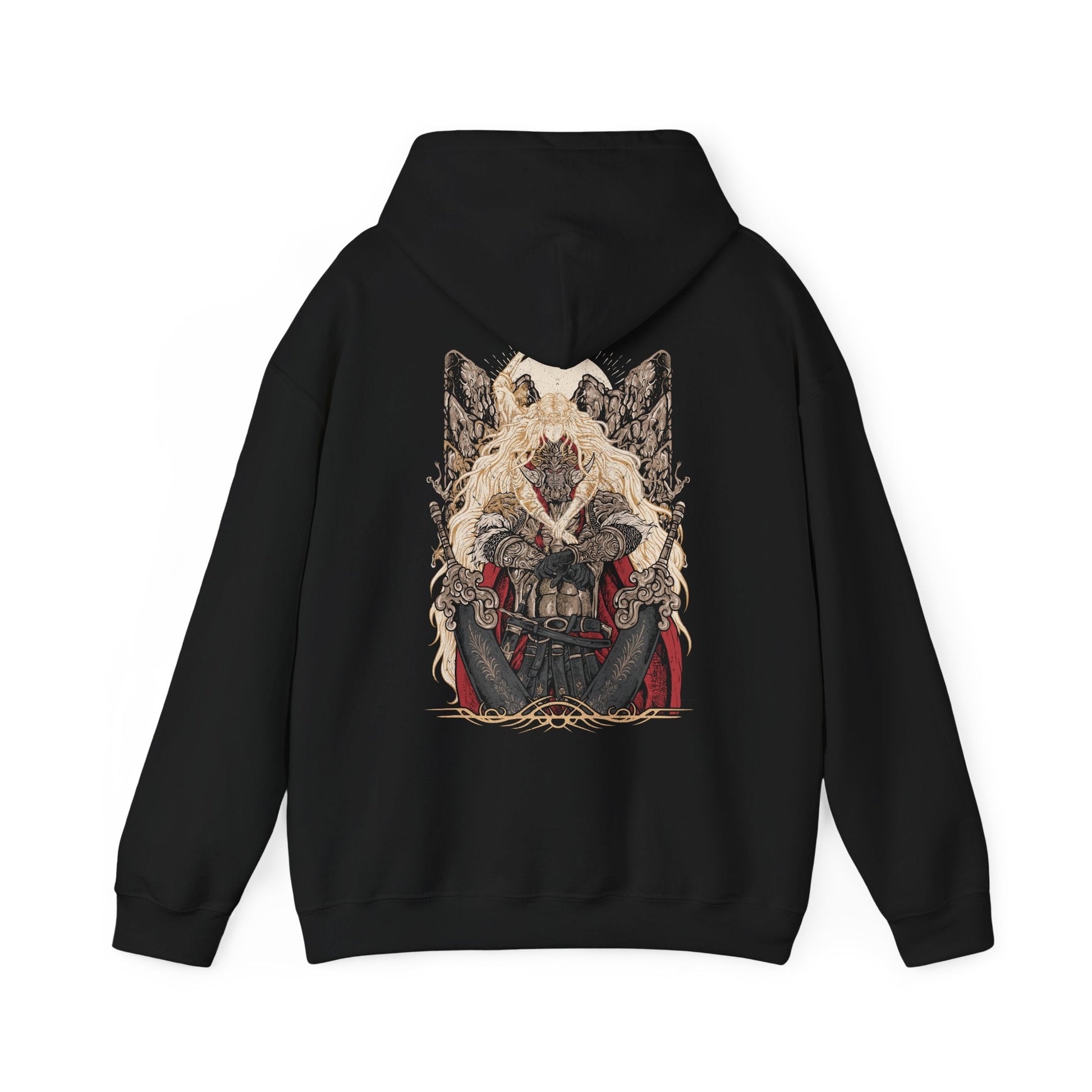 Image 5 of a Hooded Sweatshirt of Miquella guiding Consort Radahn beneath an eclipse-lit sky, blending innocence with quiet menace. Radahn’s massive frame bears the scars of endless war, while Miquella embodies eternal youth and hidden power. This design emphasizes themes of dominance, sacrifice, and the unsettling union that reshapes destiny in the Lands Between.