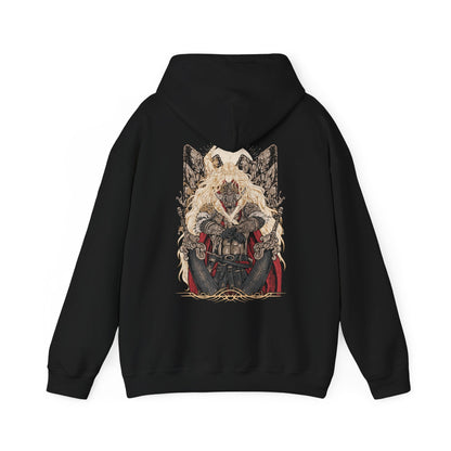 Image 5 of a Hooded Sweatshirt of Miquella guiding Consort Radahn beneath an eclipse-lit sky, blending innocence with quiet menace. Radahn’s massive frame bears the scars of endless war, while Miquella embodies eternal youth and hidden power. This design emphasizes themes of dominance, sacrifice, and the unsettling union that reshapes destiny in the Lands Between.