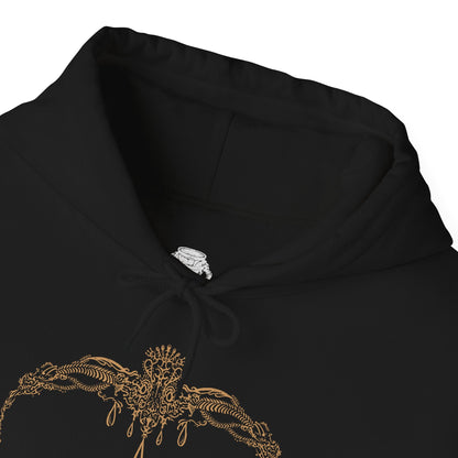 Folded Hooded Sweatshirt of Miquella guiding Consort Radahn beneath an eclipse-lit sky, blending innocence with quiet menace. Radahn’s massive frame bears the scars of endless war, while Miquella embodies eternal youth and hidden power. This design emphasizes themes of dominance, sacrifice, and the unsettling union that reshapes destiny in the Lands Between.