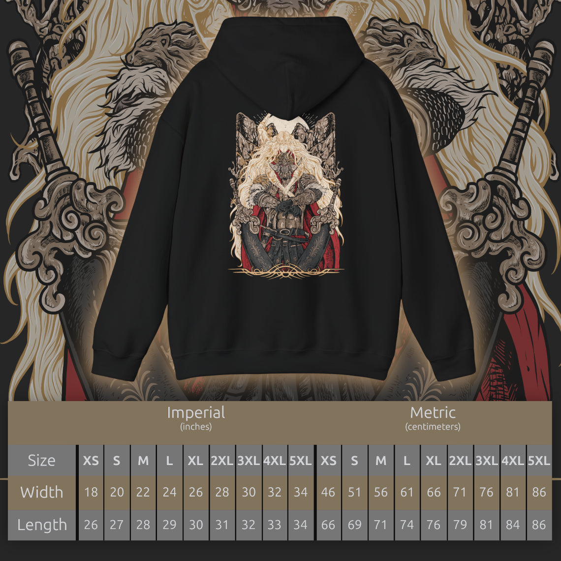 Size chart of a Hooded Sweatshirt of Miquella guiding Consort Radahn beneath an eclipse-lit sky, blending innocence with quiet menace. Radahn’s massive frame bears the scars of endless war, while Miquella embodies eternal youth and hidden power. This design emphasizes themes of dominance, sacrifice, and the unsettling union that reshapes destiny in the Lands Between.