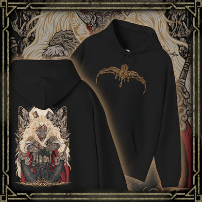 Thumbnail of a Hooded Sweatshirt of Miquella guiding Consort Radahn beneath an eclipse-lit sky, blending innocence with quiet menace. Radahn’s massive frame bears the scars of endless war, while Miquella embodies eternal youth and hidden power. This design emphasizes themes of dominance, sacrifice, and the unsettling union that reshapes destiny in the Lands Between.