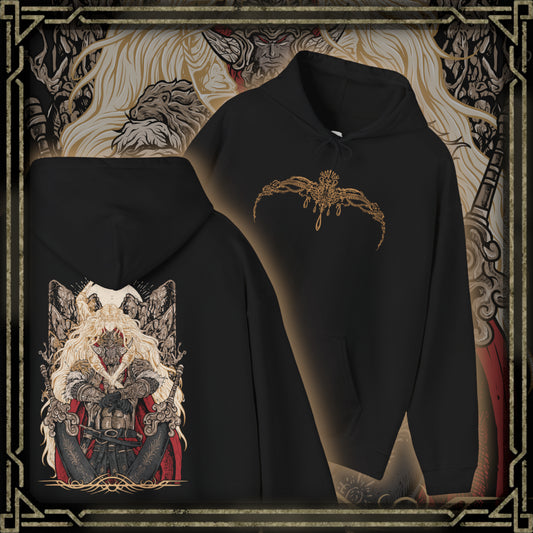 Thumbnail of a Hooded Sweatshirt of Miquella guiding Consort Radahn beneath an eclipse-lit sky, blending innocence with quiet menace. Radahn’s massive frame bears the scars of endless war, while Miquella embodies eternal youth and hidden power. This design emphasizes themes of dominance, sacrifice, and the unsettling union that reshapes destiny in the Lands Between.