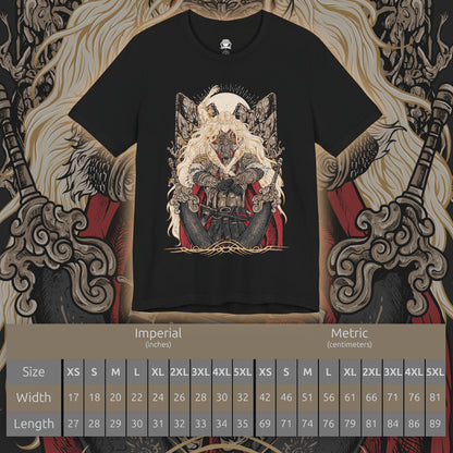 Size chart of a T-shirt design of Consort Radahn and Miquella from Elden Ring, depicting the fallen Starscourge bound in death and devotion to the Empyrean Miquella. Radahn’s colossal, scarred form stands beneath a fractured sky while Miquella’s gentle yet ominous presence looms above, symbolizing manipulation, sacrifice, and the twisted bond forged beyond the Golden Order.