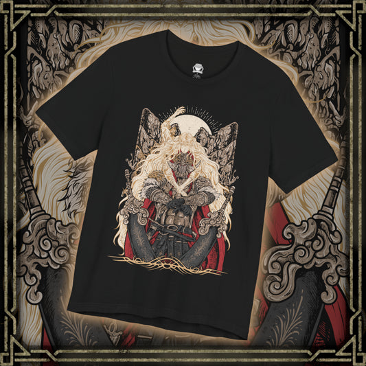 Thumbnail of a T-shirt design of Consort Radahn and Miquella from Elden Ring, depicting the fallen Starscourge bound in death and devotion to the Empyrean Miquella. Radahn’s colossal, scarred form stands beneath a fractured sky while Miquella’s gentle yet ominous presence looms above, symbolizing manipulation, sacrifice, and the twisted bond forged beyond the Golden Order.