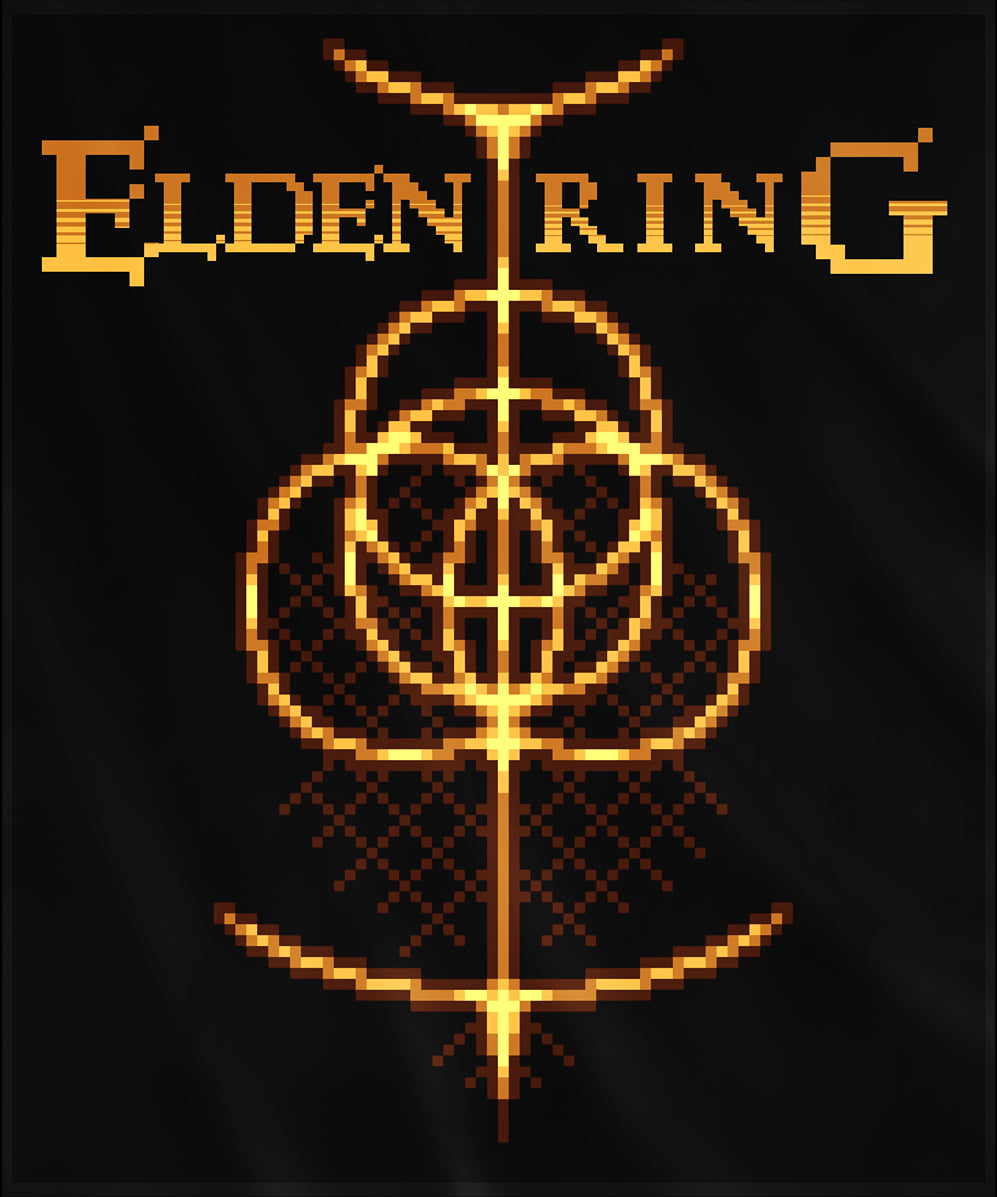 Design used for a T-shirt featuring an iconic design from Elden Ring, capturing the game’s classic elements in a nostalgic pixel art style, perfect for fans who love a vintage gaming aesthetic.