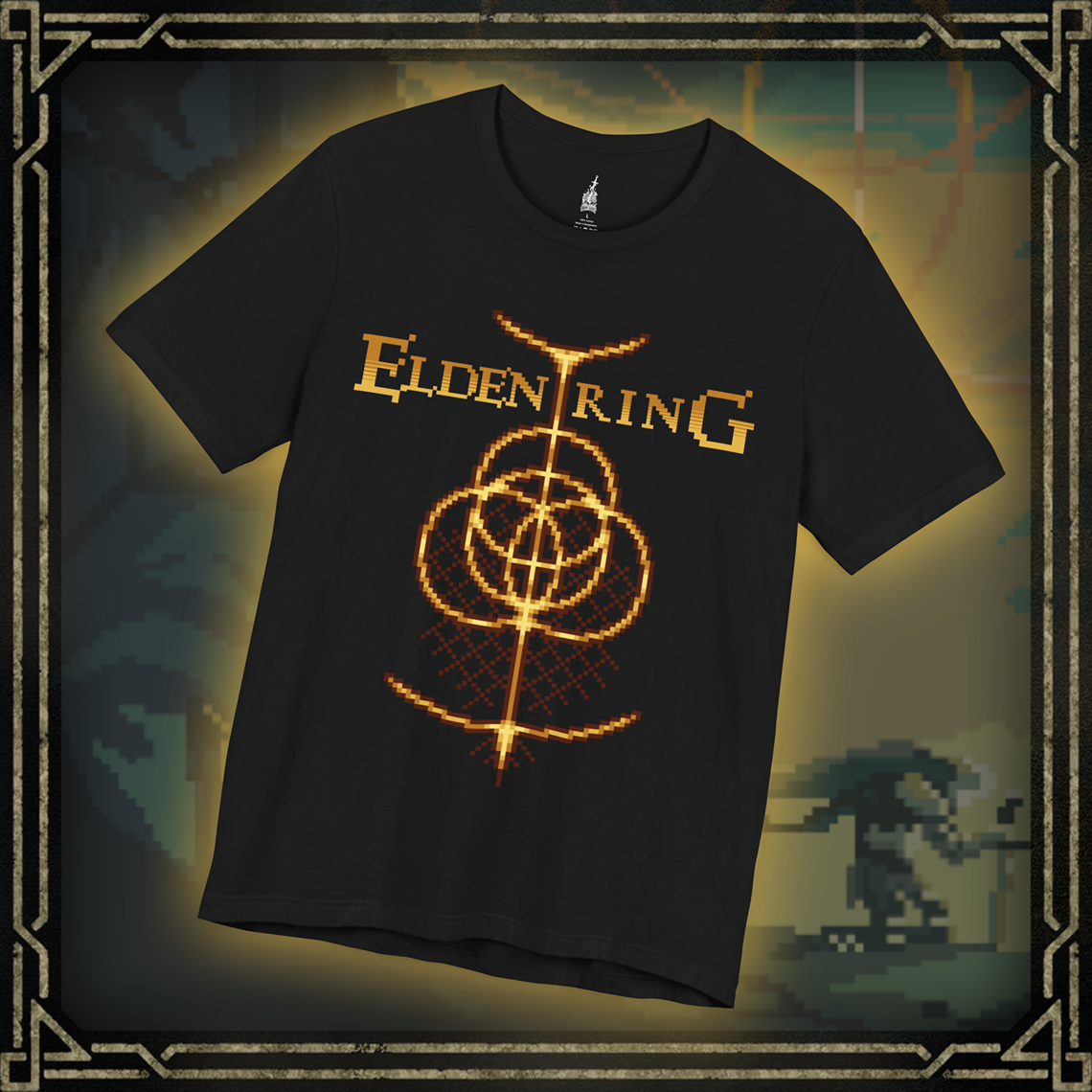 Thumbnail of a T-shirt featuring an iconic design from Elden Ring, capturing the game’s classic elements in a nostalgic pixel art style, perfect for fans who love a vintage gaming aesthetic.