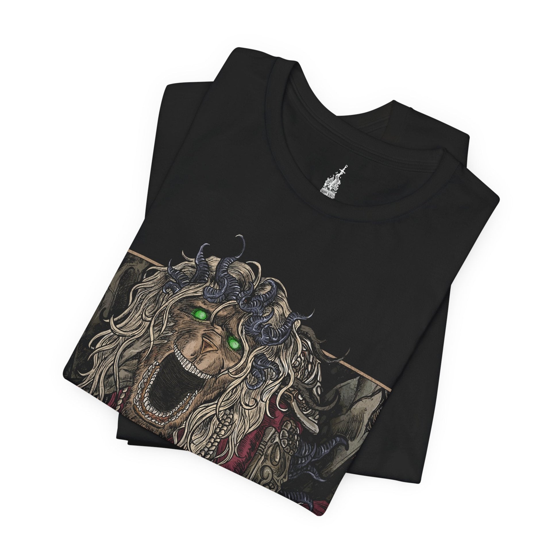 Folded T-shirt featuring the Divine Beast Dancing Lion from Elden Ring Shadow of the Erdtree, blending majestic and powerful imagery, perfect for fans who appreciate mythical creatures and epic battles in the Lands Between.