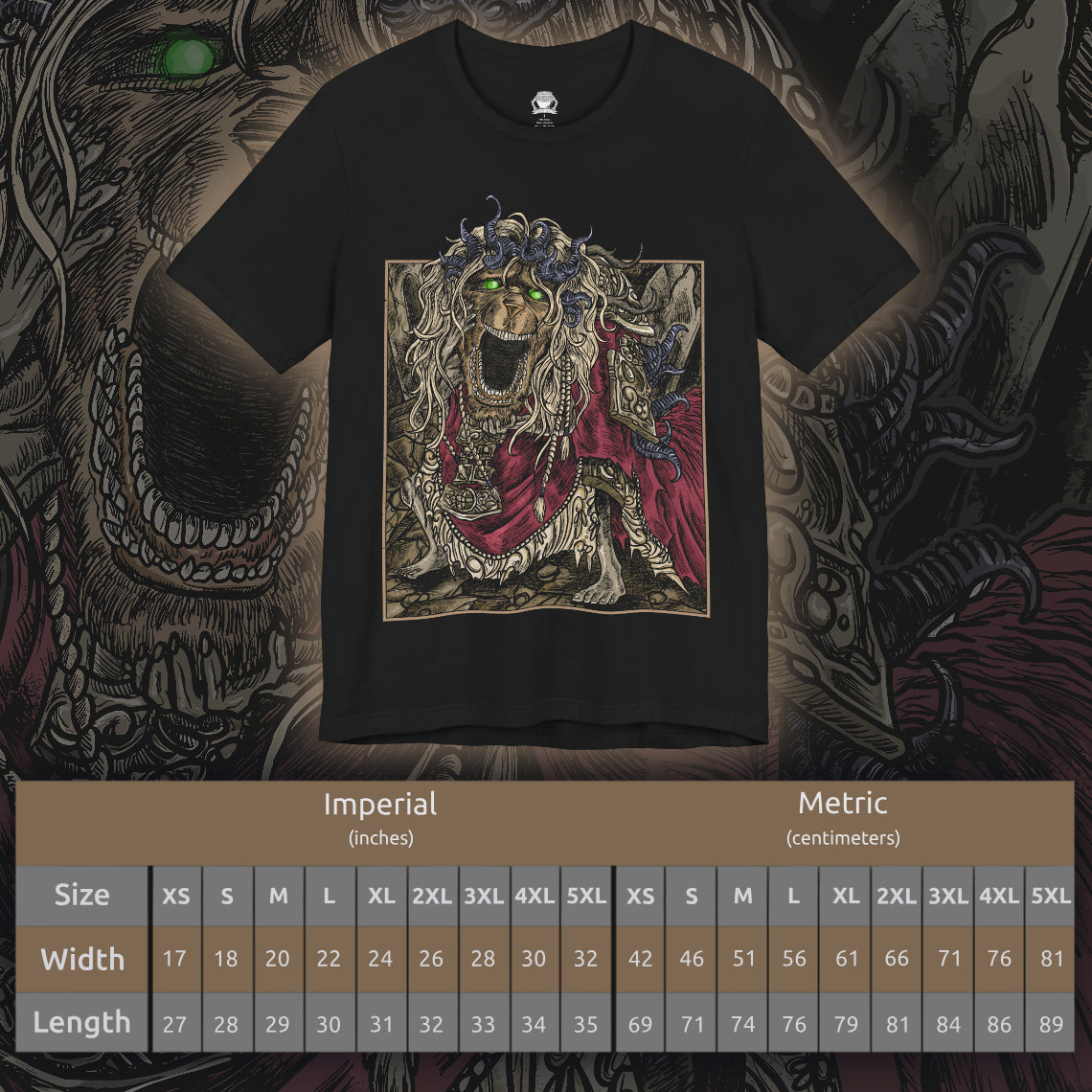 Size chart of a T-shirt design featuring the Divine Beast Dancing Lion from Elden Ring’s Shadow of the Erdtree. This legendary boss, known for its elemental fury and lion dance-inspired movements, is depicted mid-leap with storm-infused energy swirling around. A dynamic and powerful Soulsborne-inspired fan art.