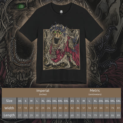 Size chart of a T-shirt design featuring the Divine Beast Dancing Lion from Elden Ring’s Shadow of the Erdtree. This legendary boss, known for its elemental fury and lion dance-inspired movements, is depicted mid-leap with storm-infused energy swirling around. A dynamic and powerful Soulsborne-inspired fan art.