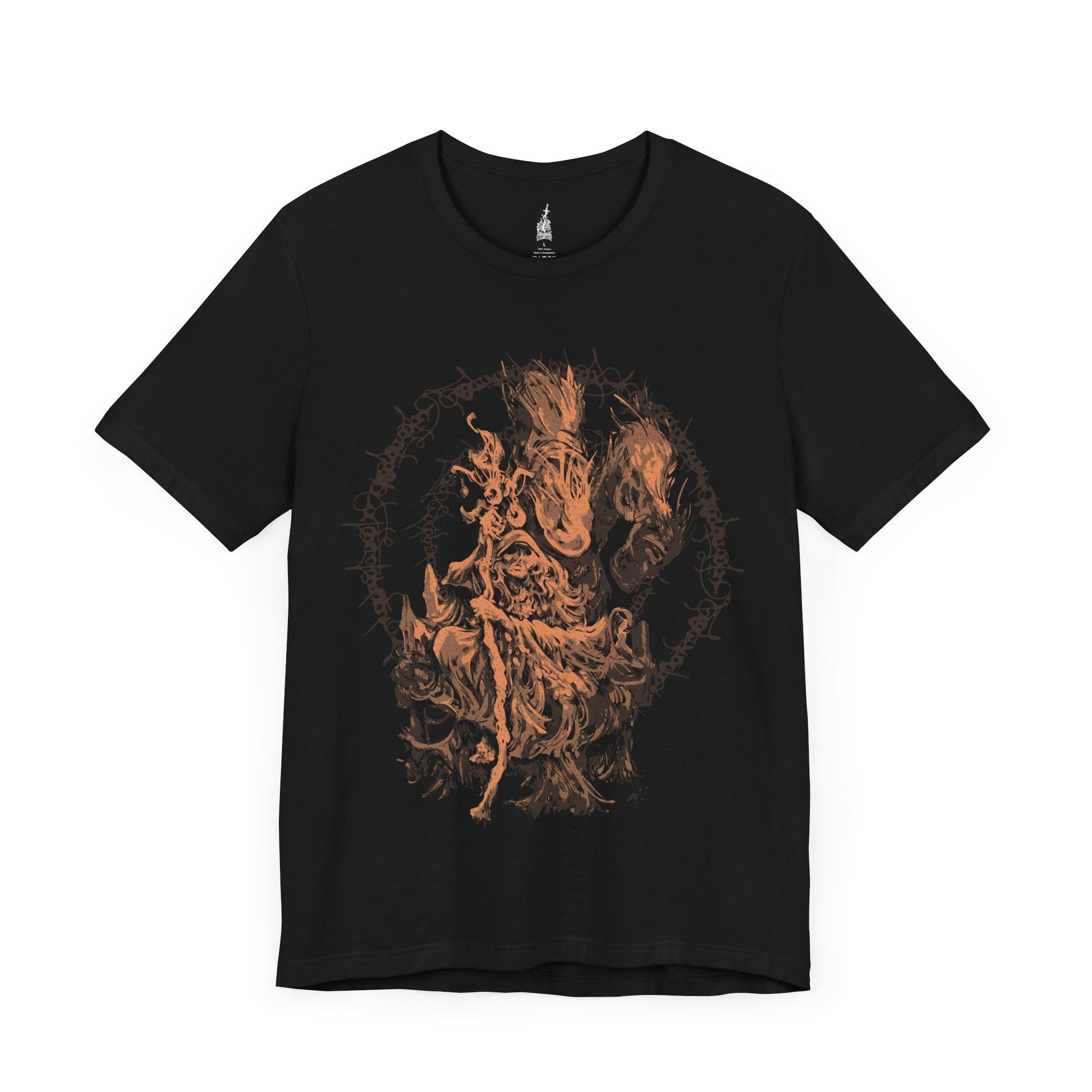 Image number 3 of a Black T-shirt featuring Enia the Finger Reader and the Two Fingers from Elden Ring, highlighting her prophetic role and connection to the Greater Will, perfect for fans captivated by the lore and mysteries of the Lands Between.