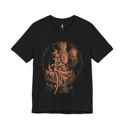 Image number 3 of a Black T-shirt featuring Enia the Finger Reader and the Two Fingers from Elden Ring, highlighting her prophetic role and connection to the Greater Will, perfect for fans captivated by the lore and mysteries of the Lands Between.