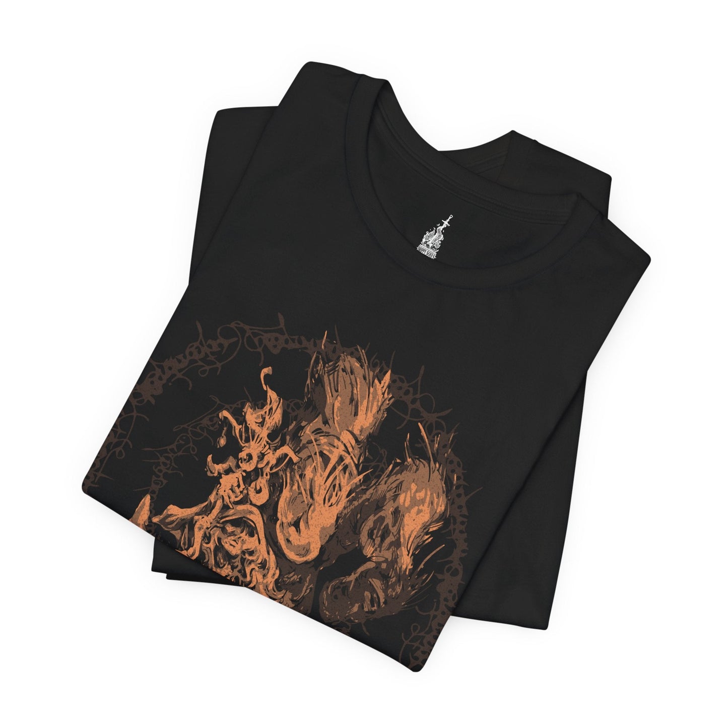 Folded T-shirt featuring Enia the Finger Reader and the Two Fingers from Elden Ring, highlighting her prophetic role and connection to the Greater Will, perfect for fans captivated by the lore and mysteries of the Lands Between.