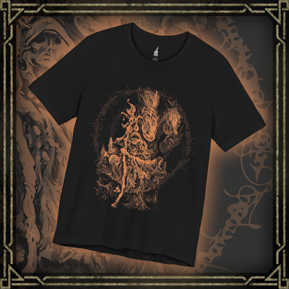 Thumbnail of a T-shirt featuring Enia the Finger Reader and the Two Fingers from Elden Ring, highlighting her prophetic role and connection to the Greater Will, perfect for fans captivated by the lore and mysteries of the Lands Between.