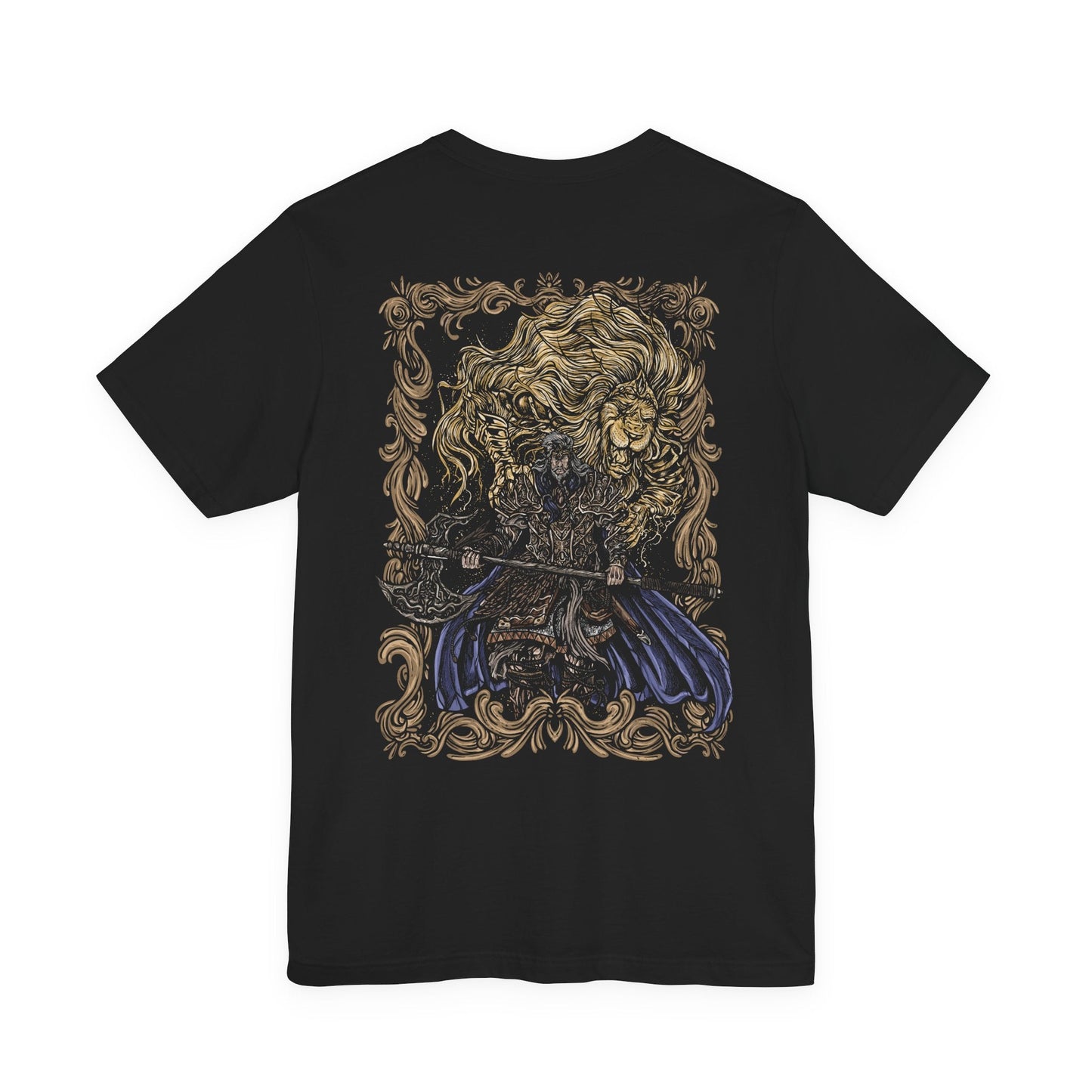 Image 4 of a T-shirt featuring Godfrey, the First Elden Lord from Elden Ring, the mighty warrior who led the Golden Order’s conquests before being cast off as a Tarnished. Clad in lion-emblazoned armor and accompanied by Serosh, his spectral companion, this design captures his regal presence and the raw power of the age’s first champion.