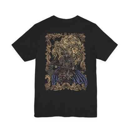 Image 4 of a T-shirt featuring Godfrey, the First Elden Lord from Elden Ring, the mighty warrior who led the Golden Order’s conquests before being cast off as a Tarnished. Clad in lion-emblazoned armor and accompanied by Serosh, his spectral companion, this design captures his regal presence and the raw power of the age’s first champion.