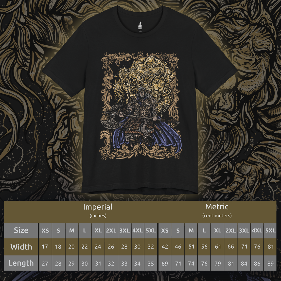 Size chart of a T-shirt featuring Godfrey, the First Elden Lord from Elden Ring, the mighty warrior who led the Golden Order’s conquests before being cast off as a Tarnished. Clad in lion-emblazoned armor and accompanied by Serosh, his spectral companion, this design captures his regal presence and the raw power of the age’s first champion.
