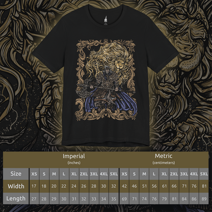Size chart of a T-shirt featuring Godfrey, the First Elden Lord from Elden Ring, the mighty warrior who led the Golden Order’s conquests before being cast off as a Tarnished. Clad in lion-emblazoned armor and accompanied by Serosh, his spectral companion, this design captures his regal presence and the raw power of the age’s first champion.