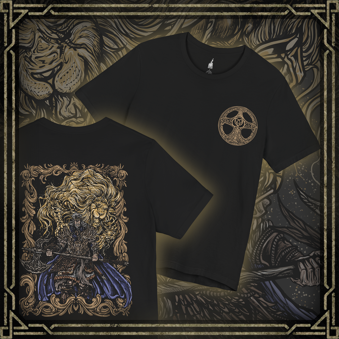 Thumbnail of a T-shirt featuring Godfrey, the First Elden Lord from Elden Ring, the mighty warrior who led the Golden Order’s conquests before being cast off as a Tarnished. Clad in lion-emblazoned armor and accompanied by Serosh, his spectral companion, this design captures his regal presence and the raw power of the age’s first champion.