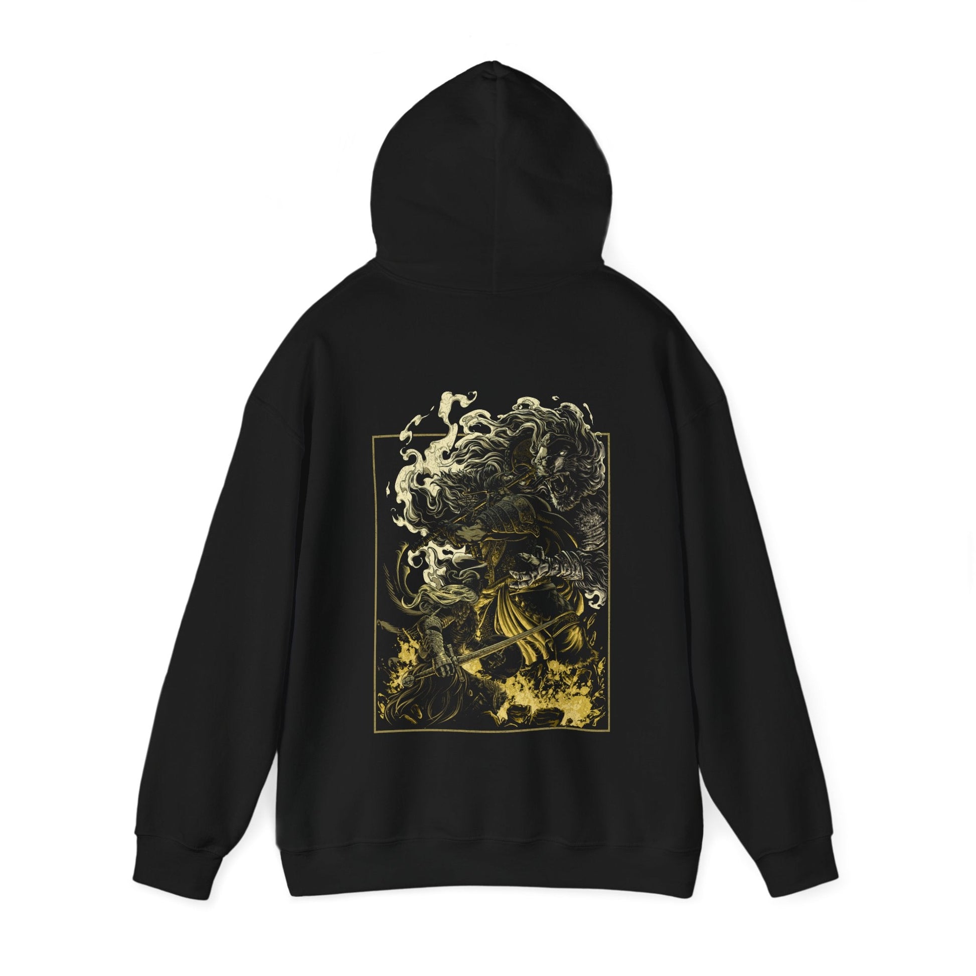 Image number 4 of a Hooded Sweatshirt featuring an epic battle scene between Godfrey, the First Elden Lord, and the Tarnished from Elden Ring, capturing the intensity and grandeur of their showdown, perfect for fans who admire the legendary struggle in the Lands Between.